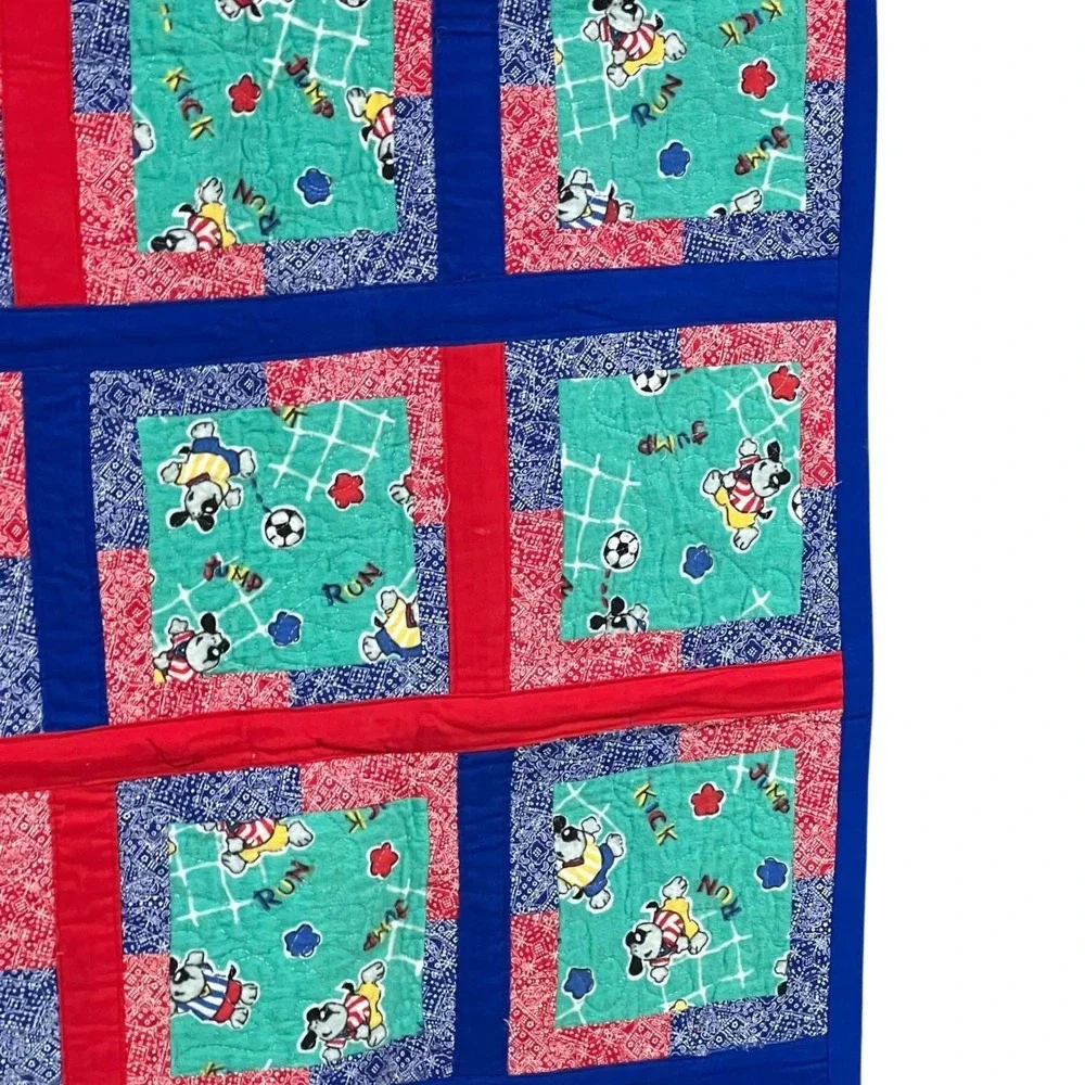 Handmade Sports Soccer Dog Patchwork Quilt Red‎ Blue Teal 50x42  Puppy Blanket